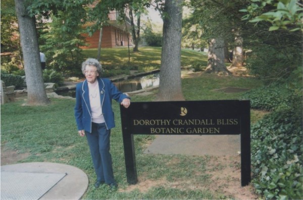 The late Dr. Dorothy Bliss at the entrance to the Botanic Garden