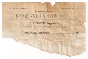 Receipt from the Grand Canyon Hotel in Williams, Arizona, from a geological specimen collecting trip in the early 1900s.